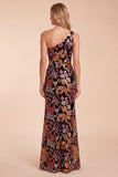 Vestido formal comprido com bainha preta, lantejoulas num ombro, vestido formal comprido com fenda