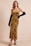 Vestido Maxi Formal Maxi Estampado em Ouro Mostarda, Alças Finas em Ouro Mostarda