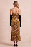 Vestido Maxi Formal Maxi Estampado em Ouro Mostarda, Alças Finas em Ouro Mostarda