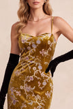 Vestido Maxi Formal Maxi Estampado em Ouro Mostarda, Alças Finas em Ouro Mostarda