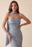 Vestido Formal Maxi de cetim Bodycon Bodycon Cinzento Azul, Vestido Formal Maxi com Aplicações