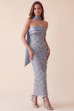 Vestido Formal Maxi de cetim Bodycon Bodycon Cinzento Azul, Vestido Formal Maxi com Aplicações