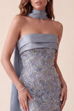 Vestido Formal Maxi de cetim Bodycon Bodycon Cinzento Azul, Vestido Formal Maxi com Aplicações