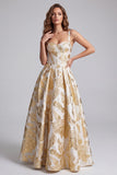 Espartilho Champanhe Linha A Jacquard Largas Tiras Grossas Vestido Formal Maxi