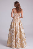Espartilho Champanhe Linha A Jacquard Largas Tiras Grossas Vestido Formal Maxi