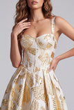 Espartilho Champanhe Linha A Jacquard Largas Tiras Grossas Vestido Formal Maxi