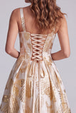 Espartilho Champanhe Linha A Jacquard Largas Tiras Grossas Vestido Formal Maxi