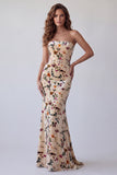 Vestido Formal Maxi de Sereia Sem Alças em Veludo Estampado Champanhe