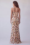 Vestido Formal Maxi de Sereia Sem Alças em Veludo Estampado Champanhe