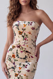 Vestido Formal Maxi de Sereia Sem Alças em Veludo Estampado Champanhe