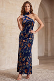 Vestido Maxi Formal Maxi Estampado em Veludo de Um Ombro Azul Escuro