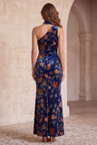 Vestido Maxi Formal Maxi Estampado em Veludo de Um Ombro Azul Escuro
