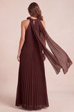 Vestido formal Maxi plissado em chiffon A-Line Chocolate com flor 3D