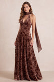Vestido formal Maxi A-Line A-Line Velvet A-Line Floral Maxi Decote em V com Faixa de Chiffon