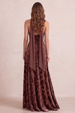 Vestido formal Maxi A-Line A-Line Velvet A-Line Floral Maxi Decote em V com Faixa de Chiffon