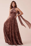 Chocolate Corset Velvet Velvet Halter Maxi Dress Formal com Faixa de Chiffon