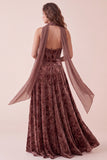 Chocolate Corset Velvet Velvet Halter Maxi Dress Formal com Faixa de Chiffon