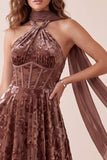 Chocolate Corset Velvet Velvet Halter Maxi Dress Formal com Faixa de Chiffon