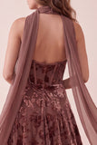 Chocolate Corset Velvet Velvet Halter Maxi Dress Formal com Faixa de Chiffon