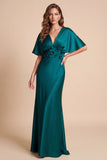 Vestido formal Maxi de cetim com decote em V verde pavão com decote esvoaçante Maxi e flor 3D