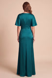Vestido formal Maxi de cetim com decote em V verde pavão com decote esvoaçante Maxi e flor 3D