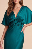 Vestido formal Maxi de cetim com decote em V verde pavão com decote esvoaçante Maxi e flor 3D