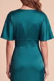 Vestido formal Maxi de cetim com decote em V verde pavão com decote esvoaçante Maxi e flor 3D