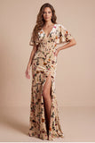 Vestido Maxi Formal Maxi Estampado em Estampado em Espartilho Champanhe Veludo com Decote em V e Fenda Lateral