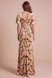 Vestido Maxi Formal Maxi Estampado em Estampado em Espartilho Champanhe Veludo com Decote em V e Fenda Lateral