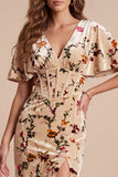 Vestido Maxi Formal Maxi Estampado em Estampado em Espartilho Champanhe Veludo com Decote em V e Fenda Lateral
