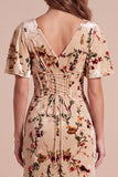 Vestido Maxi Formal Maxi Estampado em Estampado em Espartilho Champanhe Veludo com Decote em V e Fenda Lateral