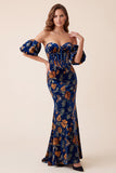 Vestido formal Maxi sem alças com estampado de sereia em veludo azul escuro, com mangas bufantes destacáveis