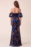 Vestido formal Maxi sem alças com estampado de sereia em veludo azul escuro, com mangas bufantes destacáveis
