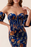 Vestido formal Maxi sem alças com estampado de sereia em veludo azul escuro, com mangas bufantes destacáveis
