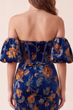 Vestido formal Maxi sem alças com estampado de sereia em veludo azul escuro, com mangas bufantes destacáveis