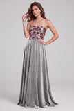 Vestido formal Maxi de veludo cinzento A-Line Strapless Veludo Sem Alças com Renda nas Costas