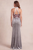 Sereia cinzenta com decote halter e veludo de lantejoulas vestido formal comprido