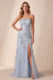 Vestido formal longo de lantejoulas azul azul poeirento, fenda lateral sem alças, com flor 3D