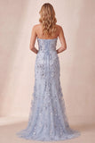 Vestido formal longo de lantejoulas azul azul poeirento, fenda lateral sem alças, com flor 3D