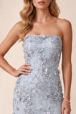 Vestido formal longo de lantejoulas azul azul poeirento, fenda lateral sem alças, com flor 3D