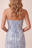 Vestido formal longo de lantejoulas azul azul poeirento, fenda lateral sem alças, com flor 3D