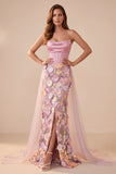 Espartilho cor-decote cor-decote cor-de-sereia cor-de-rosa Apliques florais, vestido formal Maxi de cetim com fenda