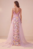 Espartilho cor-decote cor-decote cor-de-sereia cor-de-rosa Apliques florais, vestido formal Maxi de cetim com fenda