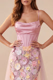 Espartilho cor-decote cor-decote cor-de-sereia cor-de-rosa Apliques florais, vestido formal Maxi de cetim com fenda