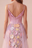 Espartilho cor-decote cor-decote cor-de-sereia cor-de-rosa Apliques florais, vestido formal Maxi de cetim com fenda