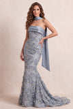 Vestido Formal Cauda Sem Alças com Franjas Azul Poeirento, Sereia Azul Poeirenta
