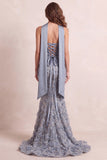 Vestido Formal Cauda Sem Alças com Franjas Azul Poeirento, Sereia Azul Poeirenta