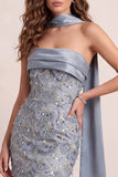 Vestido Formal Cauda Sem Alças com Franjas Azul Poeirento, Sereia Azul Poeirenta