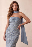 Vestido Formal Cauda Sem Alças com Franjas Azul Poeirento, Sereia Azul Poeirenta