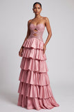 Dusty Rose Strapless Cutless Recortado Vestido de Lantejoulas com Folhos em Camadas Vestido de Baile Longo